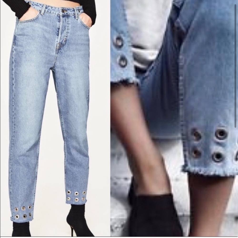 Zara Studded High Rise Engineering Mom Jeans Grommet Detail Raw Hem Crop Size 8